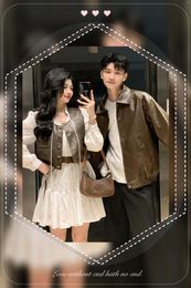 Men's Polos 5532#Couple Matching OutfitsAutumn And Winter Sweet Cool Pu Leather Vest Strap Long-sleeved Vintage Dress Coat Couple Su