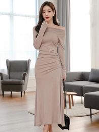 Casual Dresses Spring Autumn Women Dress Mujer Simple Sexy Off-Shoulder Folds Bodycon Midi Party Prom Beach Robe Femme Vestidos
