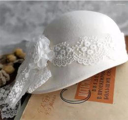 Visors 202309-XL Ins Drop Winter Wool Felt LACE Flower LONG RIBBON Wedding Daily Lady Cap Women Leisure Equestrian Hat