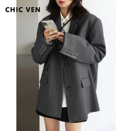 Women's Suits Blazers CHICVEN Women Office Lady Blazer Cuff Embroidery Wide Shoulder Twill Suit Women's Autumn Ladies Outerwear Stylish Tops 231019