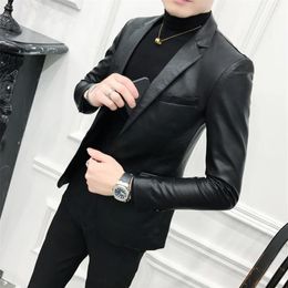 Solid Black Slim Fit Blazer Hombre PU Leather Jacket Men One Button Business Casual Prom Blazers For Men Korean Suit Coat256d