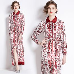 Floral Print Maxi Dress for Women Designer Lapel Slim Bow Belted Shirt Dresses Casual Vacation Long Sleeve Fit and Flare Dress 2023 Autumn Winter Party Robes Vestidos