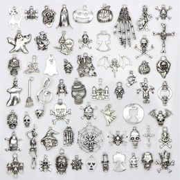 Assorted 60 Designs Halloween Charms Skull Skeleton Hand Spider Bat Ghost Witch Pendants Diy Jewellery Making 60pcs bag305d