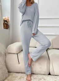 Women's Two Piece Pants 2023 Autumn Fashion Elegant Daily Comfortable Casual Temperament Waffle Knit Pullover Lace Up Pyjama 2 Set For Women