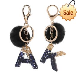 Black Pompom Letter Keychain Glitter Gradient Resin A-Z Initials Alphabet Keyring Pendant Women Handbag Phone Decorative Gift