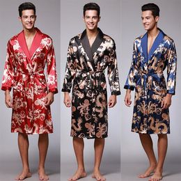 Plus Size Mens Bathrobe Silk Kimono Sleepwear Long Sleeve Robes Dressing Gown Print Satin Pajamas Men Night Peignoir Homme299r