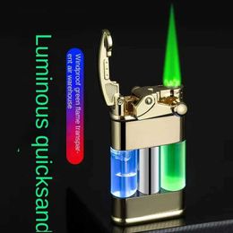 Lighters 2023 New Transparent Air Chamber Quicksand Windproof Lighter Inflatable Green Flame Color Lamp Smoking Accessories Men's Tools