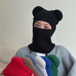 Cycling Caps Masks New Warm Winter Women Hat Cute Bear Ears Balaclava Scarf Female Outdoor Bikes Sports Knitted Wool Full Face Ski Mask Beanie Cap 231019