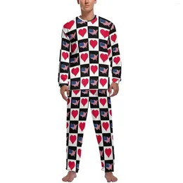 Men's Sleepwear American Flag Map Pyjamas Long Sleeve Hearts Chequered 2 Pieces Sleep Set Daily Man Custom Trendy