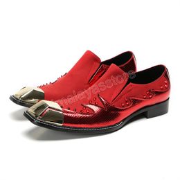 Italian Type Men's Shoes Slip on Shoes Men Genuine Leather Dress Shoes Gold Metal Toe Red Party and Wedding Shoes Man