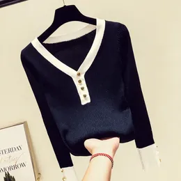 Women's Sweaters Black Knit Coat Button Pullover Low V Collar Women Sweater T-shirt For Girl Pull Slim Top Cloth Shirt Clothes