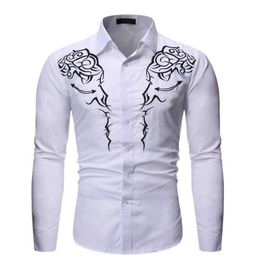 Fashion Western Cowboy Shirt Men Brand Design Embroidery Slim Fit Casual Long Sleeve Mens Dress Shirts Wedding Party Shirt Male T2265D