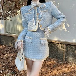 Two Piece Dress Autumn Winter Small Fragrance Jacket Fashion Suits Women Temperament Tweed Tassel Single Breasted Coat Skirt Set 231018