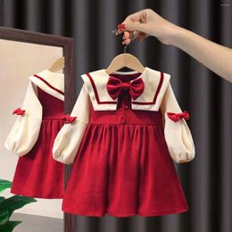 Girl Dresses Girls Doll Collar Dress Spring And Autumn Bowknot Decoration A-Line Knee Length Skirt Fashion Retro Children's Clothing