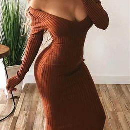 Forefair Long Sleeve V Neck Bodycon Ribbed Knit Dress Women Autumn Winter Fashion Solid Slim Casual Midi Female Clothing 211110250U