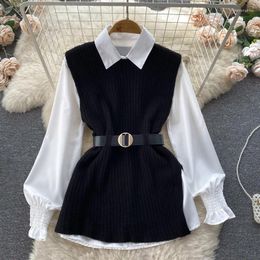 Work Dresses Light Luxury Ladies Dress Set Women's Loose Long-sleeved White Shirt Top Slit Knitted Vest Two-piece