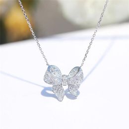 Ins Top Selling Luxury Jewellery Sparkling Real 925 Sterling Silver Bow Butterfly Pendant Pave White 5A Zircon Clavicle Necklace Wit331b