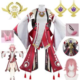 Genshin Impact Miko Cosplay Costume Fancy Outfits Full Set Guuji Yae Dress Wig Headwear Ears Tail Game Suitcosplay