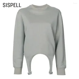 Women's Hoodies SISPELL Patchwork Metal Buckle Sweatshirt For Female O Neck Long Sleeve High Waist Solid Colour Casual
