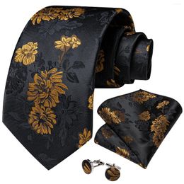 Bow Ties Fashion Gold Floral Black Silk Men's Handkerchief Cufflink Business Party Formal Neck Tie Accessories Gift Drop