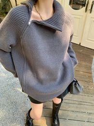 Womens Knits Tees Double Zipper Grey Turtlenecks Loose Fit Casual Long Thickening Winter Sweater Woman Fashion Oversize Retro White Pullover Women 231018