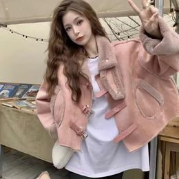 Women's Leather Autumn Winter Women Thick Warm PINK Faux Shearling Short Jacket Ladies Vintage Coat Female Outerwear Chic Tops
