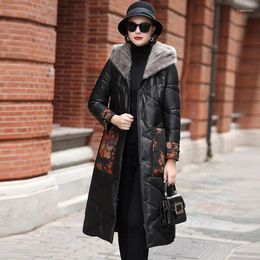 Women's Leather Genuine Real Haining Down Jacket Medium Length 2024 Mother Sheep Skin Fashion Splicing Xiangyun Yarn