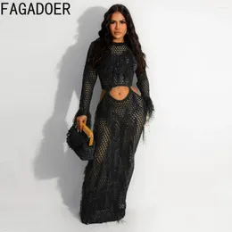 Casual Dresses FAGADOER Knitted Tassel Sexy Long Dress Women Hollow Out Beach Fashion Bikini Cover Up Female Party Club Wear