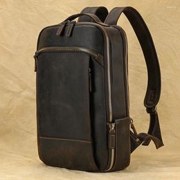Backpack Vintage Travel Leather Double Zipper Bagpack Male Crazy Horse Handmade Men