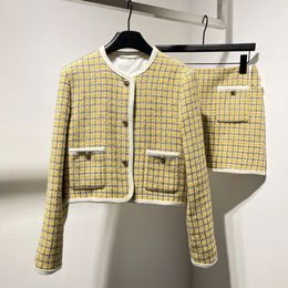 Two Piece Dress AutumnWinter Yellow Plaid Cashmere Round Neck Long Sleeve Short CoatAline High Waist Mini Half Skirt two piece set 231018