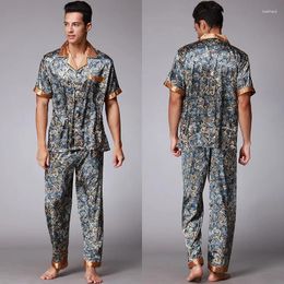 Men's Sleepwear Spring Summer Men Pyjamas Sey Plus Size Trouser Pijamas Suit Loose Casual Print Silk Satin Home Clothes Lounge Wear