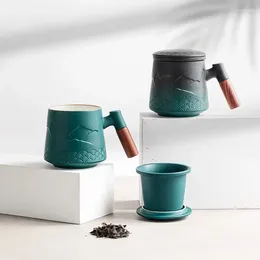 Teaware Sets Tea Cup With Sandalwood Handle 13 Oz Ceramic Mug Porcelain Infuser And Lid For Or Coffee Gift Set 1-Pack MaGreen