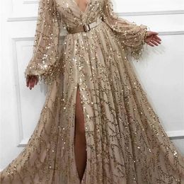 Sexy Slit Gold Evening Dresses Latest Fashion Sequins Lace Dubai Saudi Arabic Prom Gowns Long Sleeves Formal Party Dress 2111012821