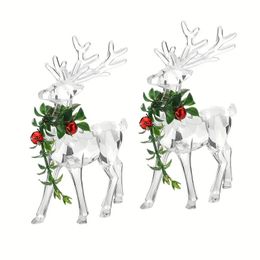 2pcs Acrylic Christmas Reindeer Ornaments, Clear Reindeer Figurine Deer Decor With Red Bells, Christmas Deer Figurines Tabletop Decor Holiday Table Centrepiece