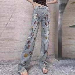 Women's Jeans 2023 Summer Women Embroidery Flower Rhinestone Wide Leg Denim Pants Woman Vintage Luxury Embroideried Trousers