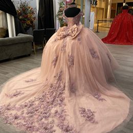 Pink Shiny Sweetheart Ball Gown Quinceanera Dress Tulle Appliques Beads Flowers Bow Off Shoulder Sweet 15 16 Birthday Party Forma