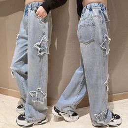 Jeans Girls Jeans Spring Paste Cloth Five-pointed Star Wide Leg Pants Kids Trendy Teenage Children's Trousers 8 10 12 Years 231019