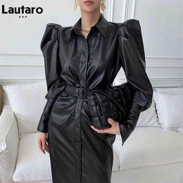 Lautaro Autumn Long Soft Black Faux Leather Shirt Dress Belt Puff Long Sleeve Buttons Elegant Luxury Stylish Dresses for Women G122427