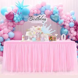 Table Skirt 14FT/8FT Blue Pink Tulle Table Skirt Baby Shower LED Tablecloth for Rectangle Tables Birthday Party Cake Sweet Table Decorations 231019