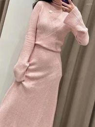 Women's Sweaters Early Fall Winter Half Turtleneck Pink Pullover Stripe Wrap Hip Mid Length Skirt