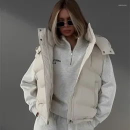 Women's Vests Fashion Zip-up Hooded Winter For Women 2023 Streetwear Thick Warm Cotton Padded Sleeveless Parkas Waistcoat White Black