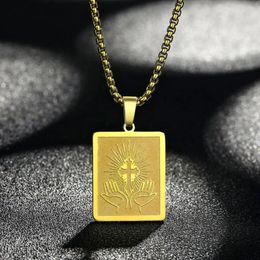 Pendant Necklaces LUTAKU Dainty Square Praying Hands And Cross Sign Stainless Steel Necklace For Women Religious Jewellery Christian Gift