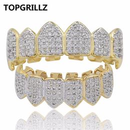 TOPGRILLZ Hip Hop GRILLZ Iced Out Zircon Fang Mouth Teeth Grillz Caps Top & Bottom Grill Set Men Women Vampire Grills3036