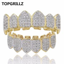 TOPGRILLZ Hip Hop GRILLZ Iced Out Zircon Fang Mouth Teeth Grillz Caps Top & Bottom Grill Set Men Women Vampire Grills2560