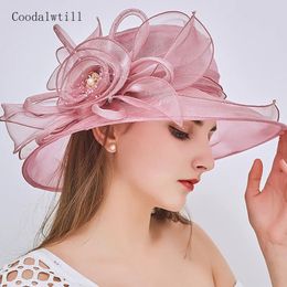 Wide Brim Hats Bucket Hats Women Elegant Summer Organza Hat Bow Flower Sun Hat Wide Brim Fascinator Wedding Headwear Female Derby Travel Event Chapeau 231018