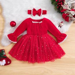 Girl Dresses Christmas 6M-5Y Kids Girls Dress Clothes Lace Trim Sequins Stars Moon Layered Tulle Flare Long Sleeve With Headband