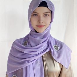 Scarves Women's Luxury Pearls With Crystal Chiffon Hijab Scarf Shawls Wraps Solid Color Muslim 20 Colors Available