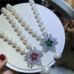 Chains Hand Knotted 8-9mm White Freshwater Pearl Snow Micro Inlay Zircon Accessories Baroque Pendant Short Chain Necklace