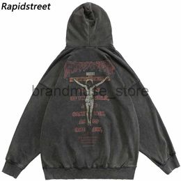 Men's Jackets 2023 Hip Hop Men Sweatshirt Hoodie Retro Streetwear Jesus Letter Graphic Washed Black Pullover Harajuku Cotton Hooded Sweatshirt J231019