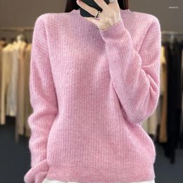 Women's Sweaters Autumn And Winter Fashion One Line Neck Pure Wool Knitwear Versatile Sweater Loose Vertical Pattern Warm Top For Women